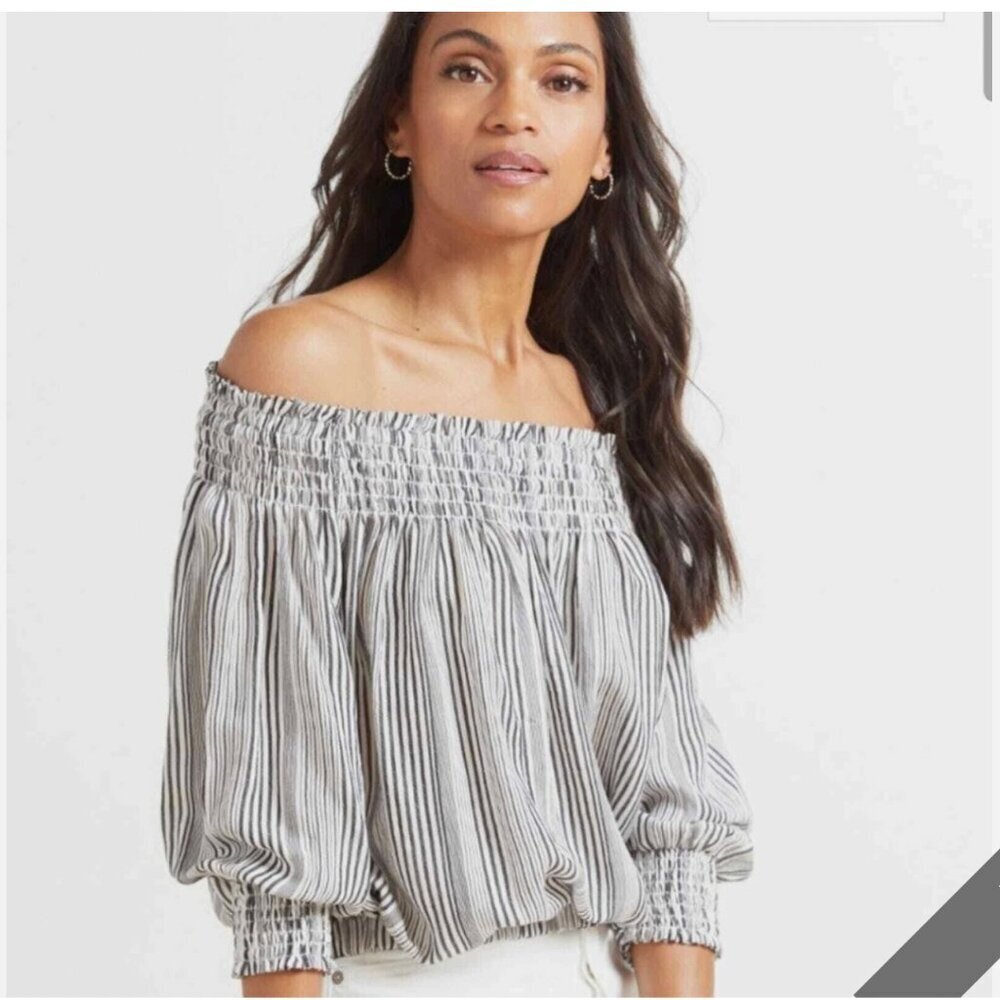 Evereve Black White Sydney Stripe Off Shoulder Blouse Top L